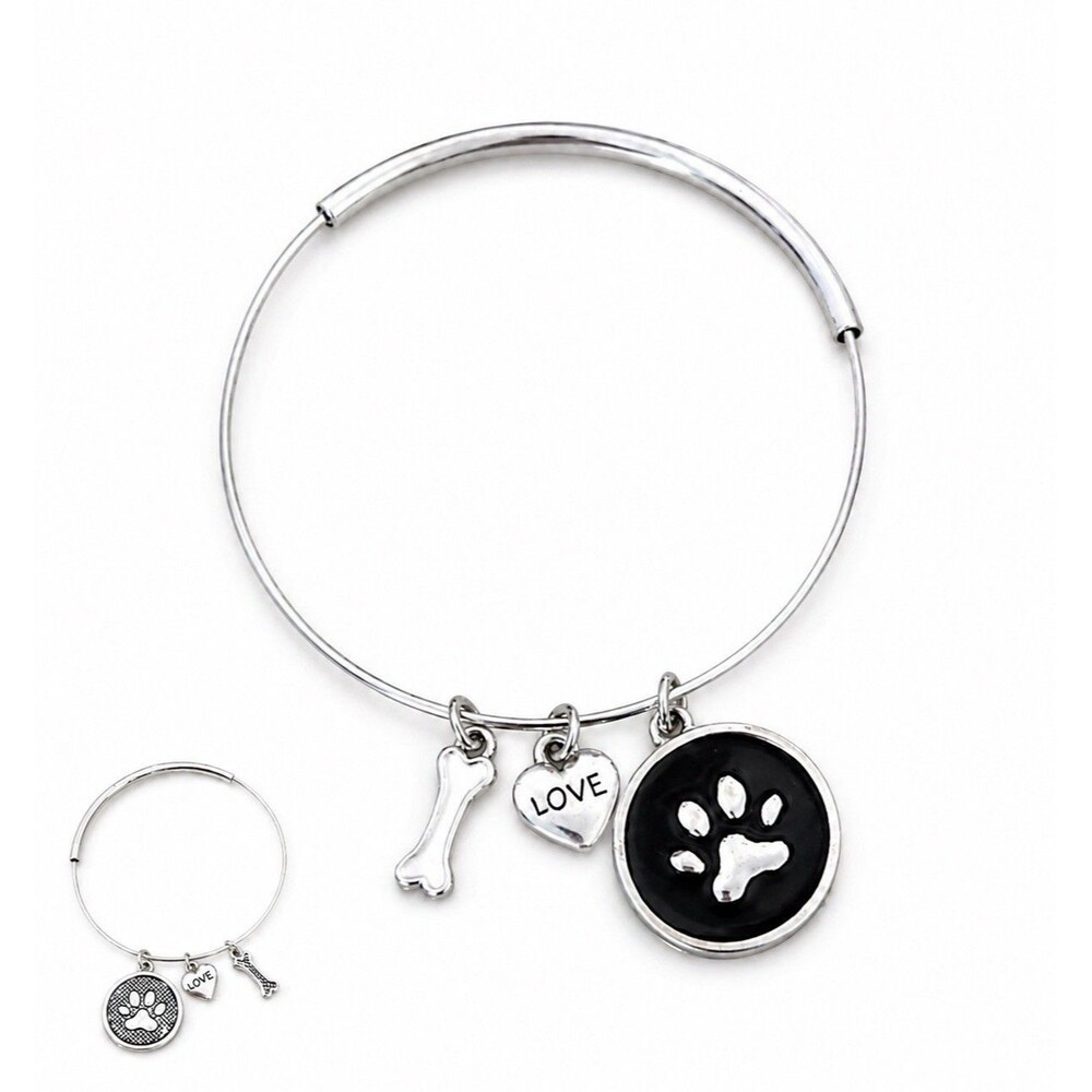 Paw print Dog Bone Love Charm Bangle Bracelet 2 Sided Silver tone Adjustable